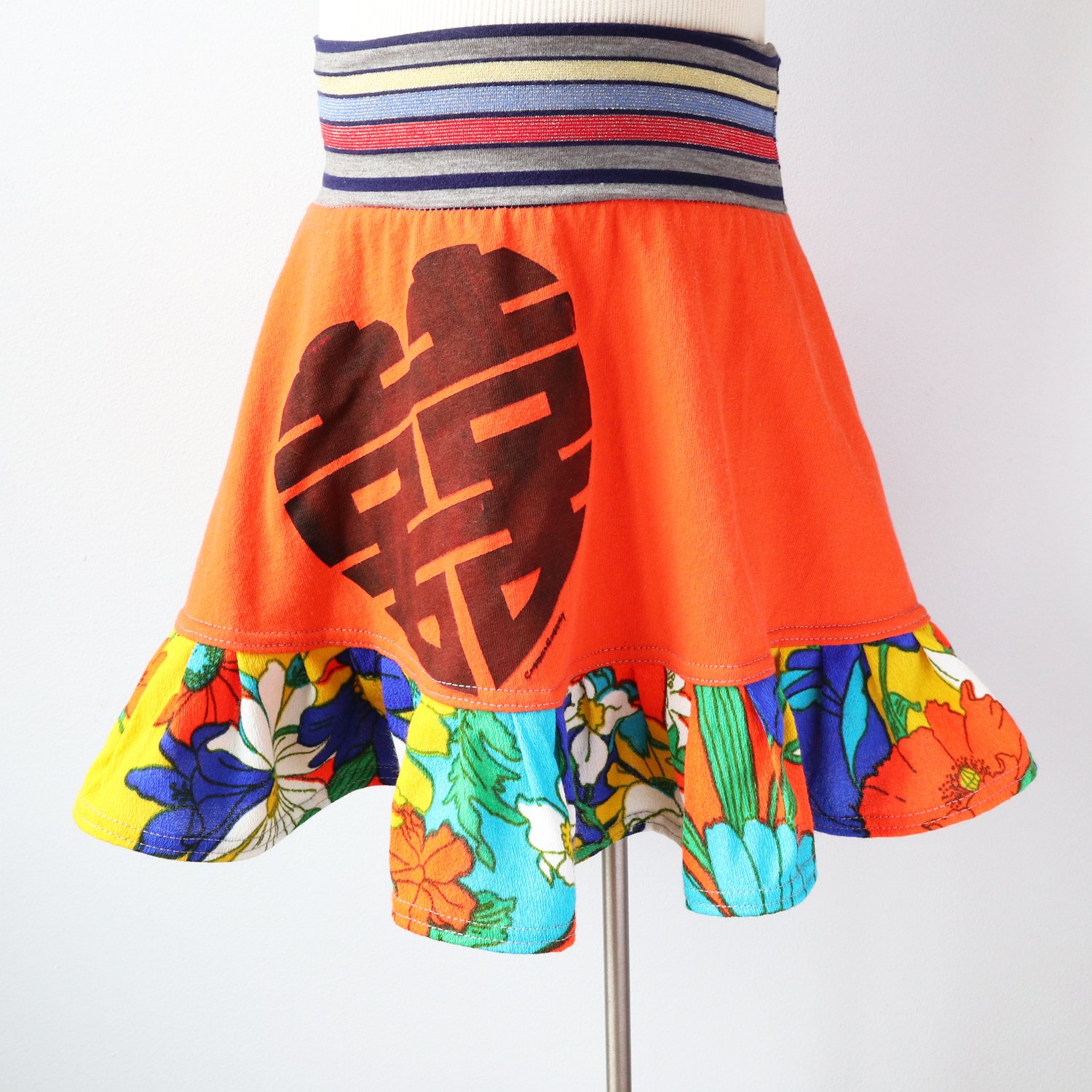 double happiness neon orange vintage fabric 8 floral print bright flouncy  skirt courtneycourtney